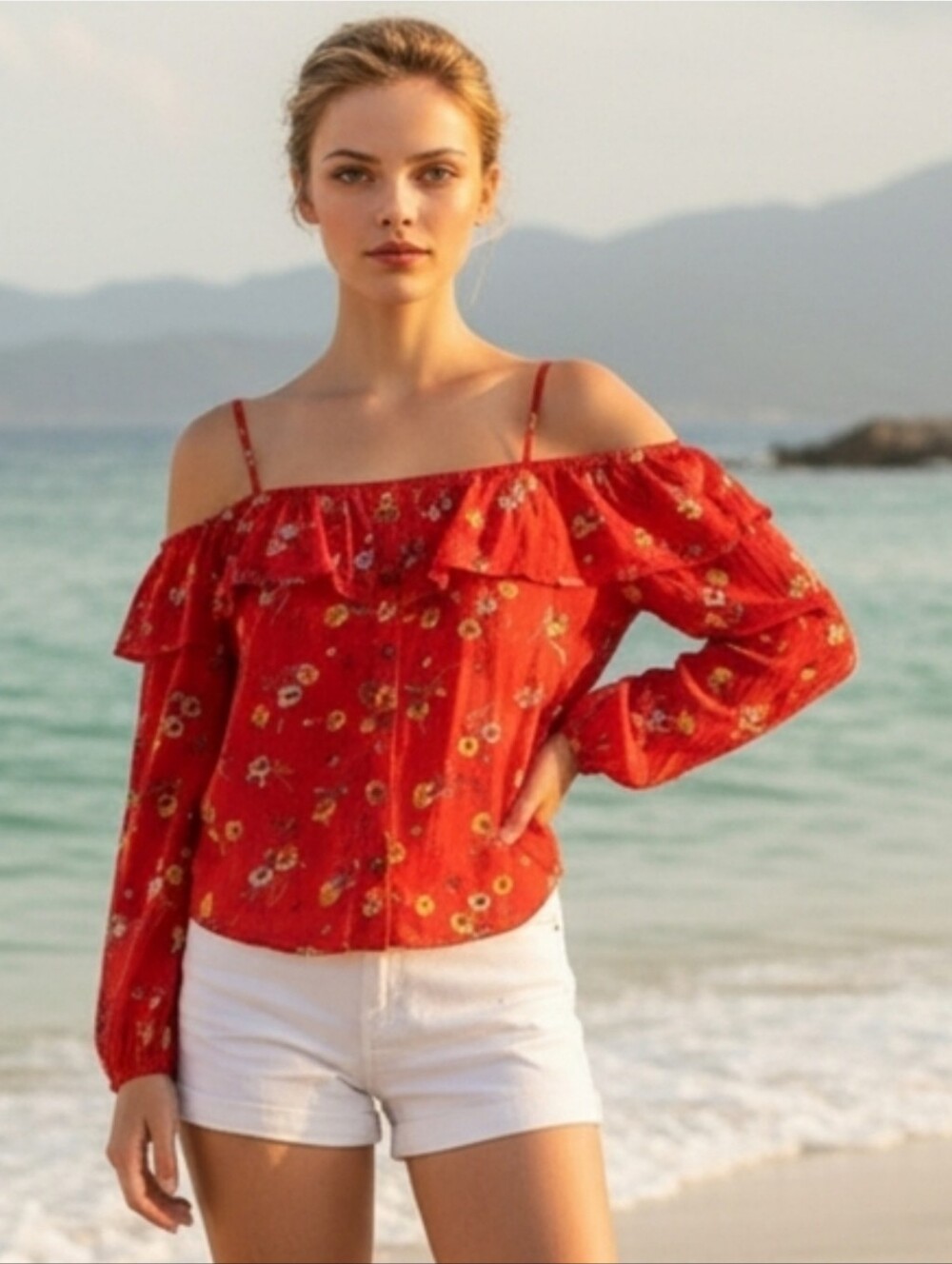 Maurices Red Floral Cold-Shoulder Ruffle Blouse Size Medium. Great Condition - Picture 16 of 16